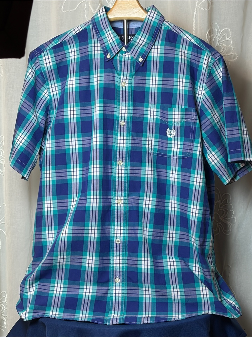 Chaps Blue & Teal Plaid Short-Sleeve Button-Down Shirt L